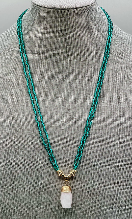 Teal Green Czech Seed Beads with White Quartz Pendant