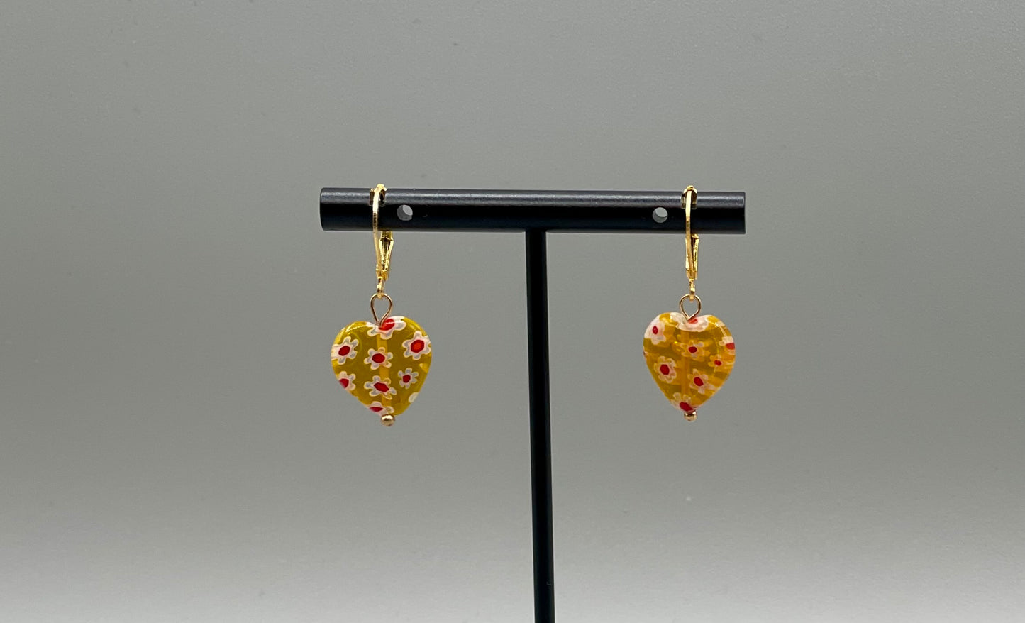 Red and White on Yellow Heart-Shaped Millefiori Earrings