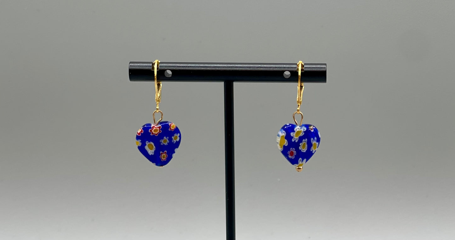Red Yellow and White on Blue Heart-Shaped Millefiori Earrings
