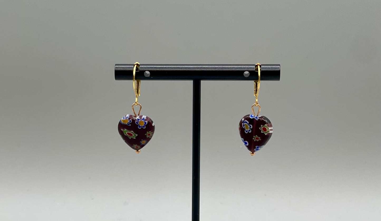 Multicolor on Black Heart-Shaped Millefiori Earrings