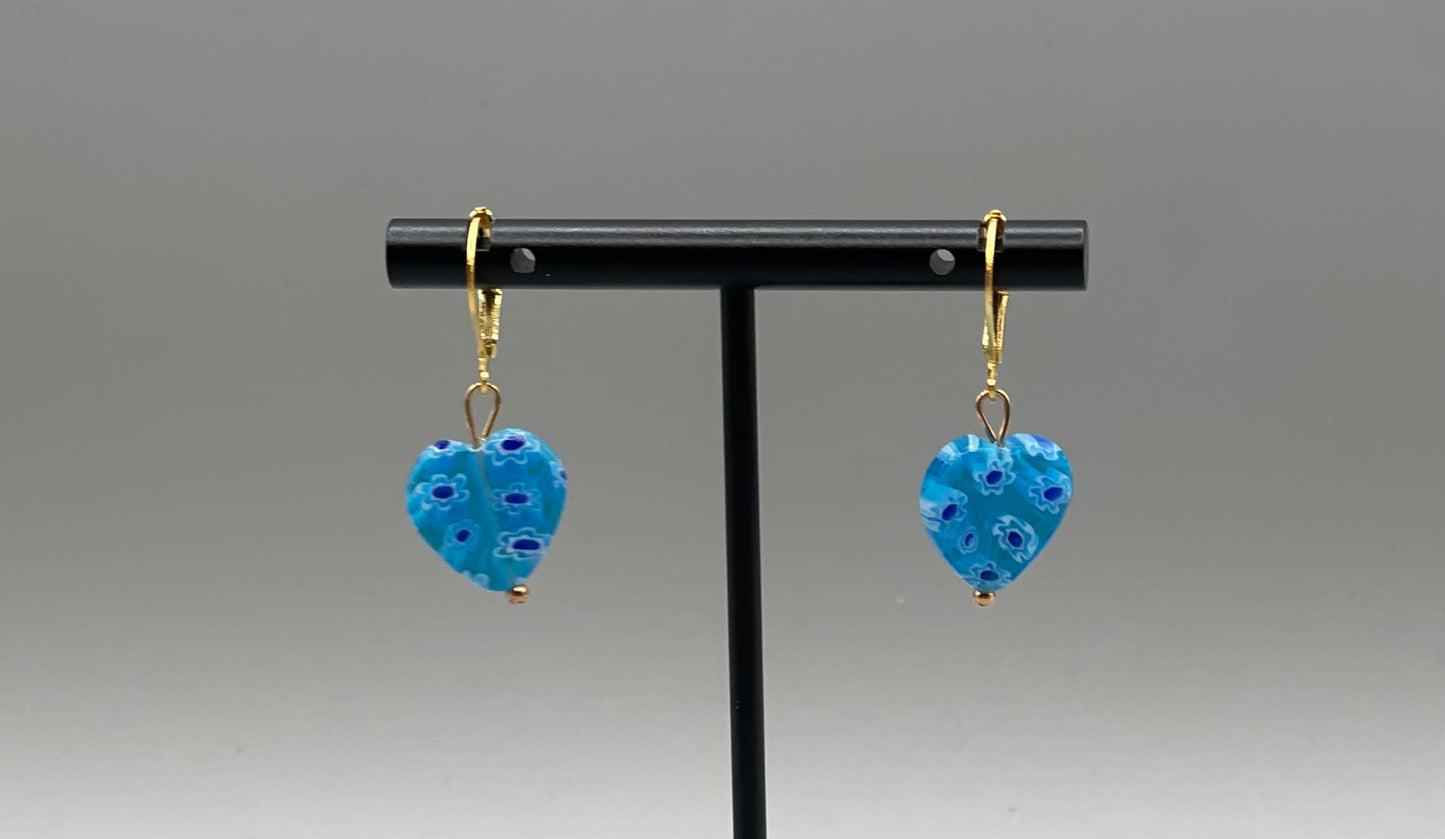 Blue on Blue Heart-Shaped Millefiori Earrings