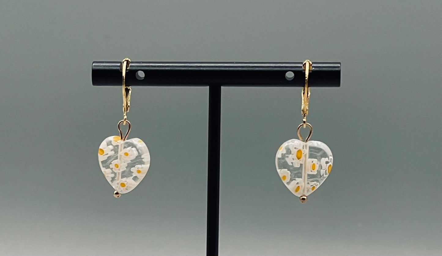 Yellow and White Heart-Shaped Millefiori Earrings