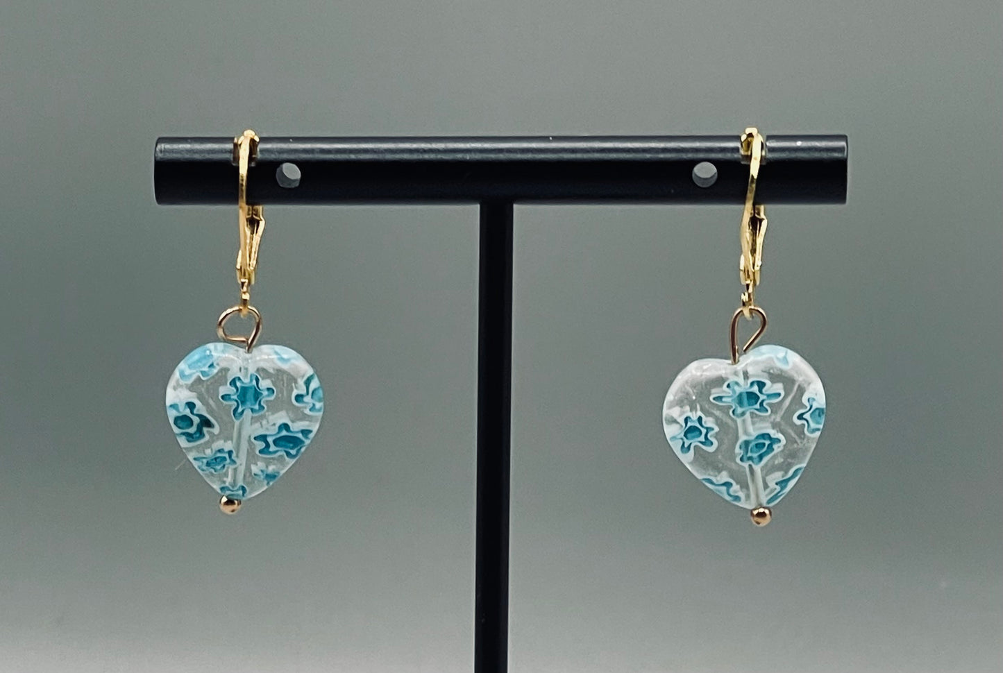 Blue and White Heart-Shaped Millefiori Earrings