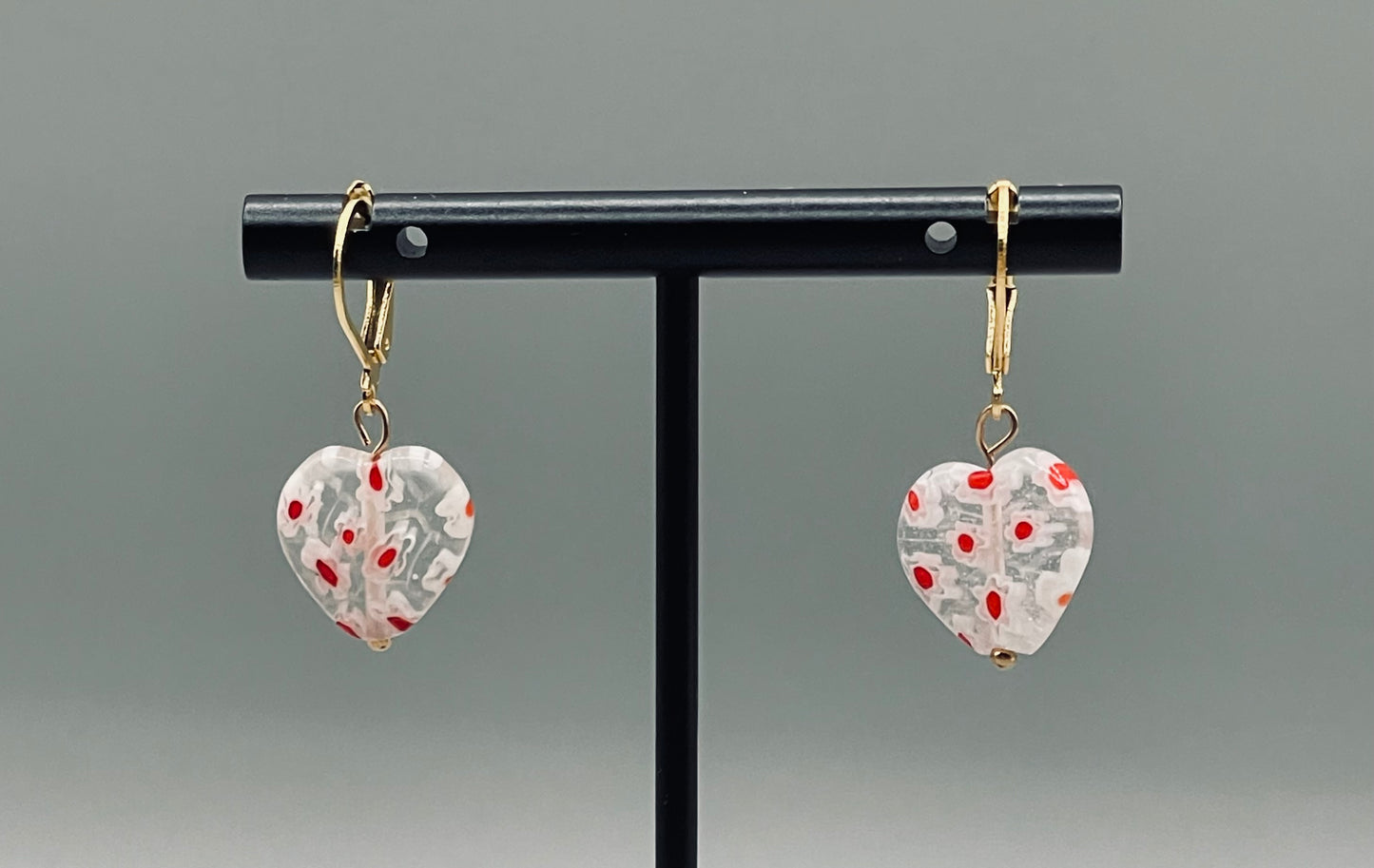 Red and White Heart-Shaped Millefiori Earrings