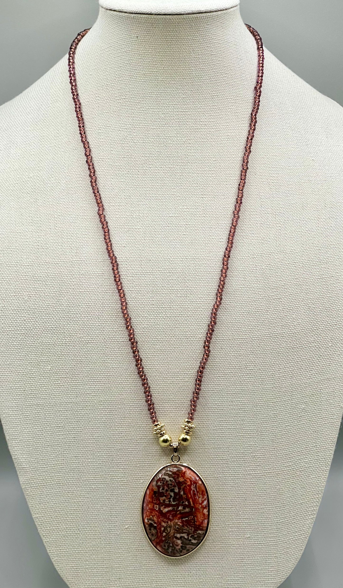 Geode Brown Czech Seed Beads with Jasper Pendant