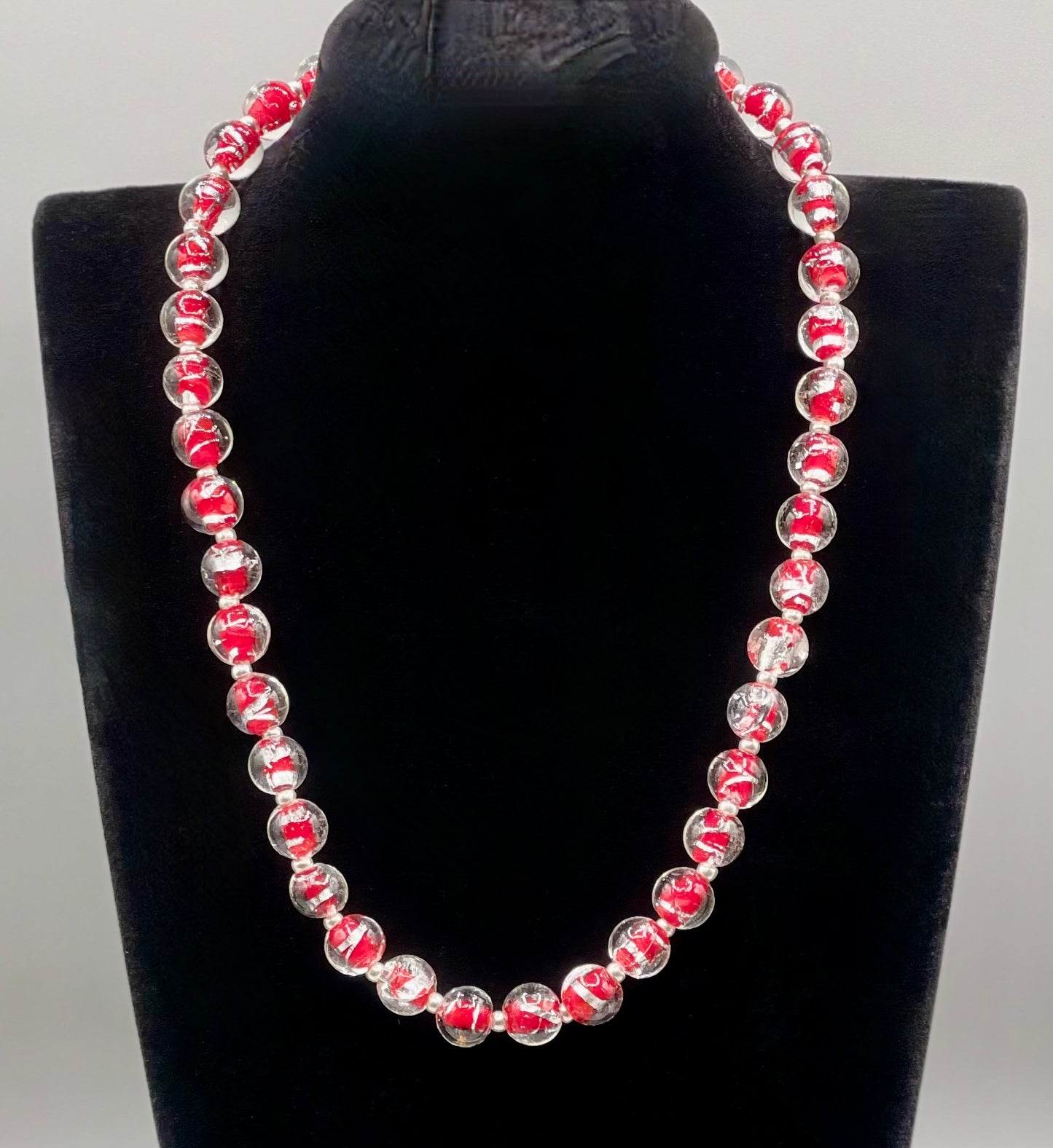 Red and Silver Lampwork Glass Necklace